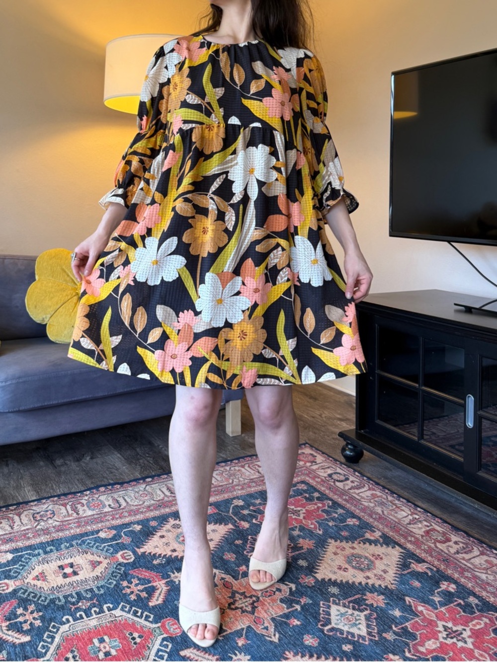 NWT Who What Wear Floral Print Black Swing Trapeze Dress Tropical Pink & Yellow